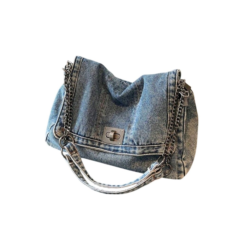 Denim Shoulder Bag Hobo Purse Chain Strap‎ Flap Closure Trendy Women